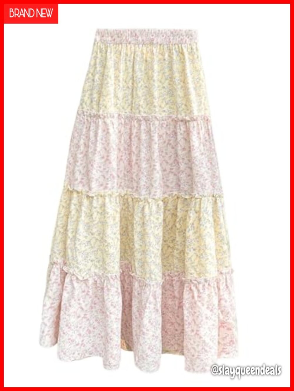 Boho Floral Gingham Maxi Skirt Tiered Ruffle High Waist A-Line
